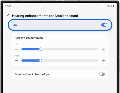 The switch for Hearing enhancements for Ambient sound highlighted and activated