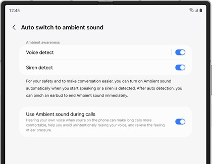 Screenshot of the Auto switch to ambient sound settings on a Galaxy device, showing options for Voice detect, Siren detect, and Use Ambient sound during calls.