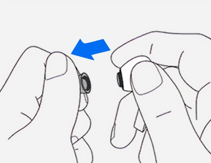 Illustration of two hands demonstrating how to remove an eartip from a Galaxy Buds3 Pro by pulling it off, as indicated by the blue arrow pointing outwards from the earbud