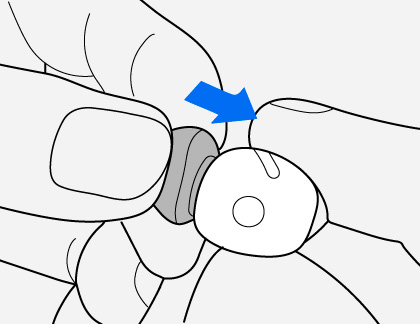 Illustration of two hands demonstrating how to attach an eartip to a Galaxy Buds3 Pro by pushing it in, as indicated by the blue arrow pointing towards the earbud