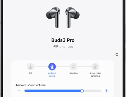 Screenshot of the Galaxy Buds3 Pro settings on a Galaxy device, displaying options for ambient sound volume, adaptive sound, and active noise canceling.
