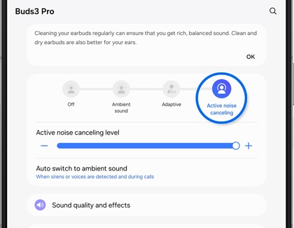 Active noise canceling highlighted in the Galaxy Wearable app