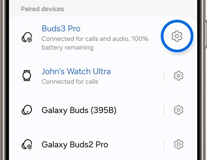 Settings icon highlighted in Bluetooth settings