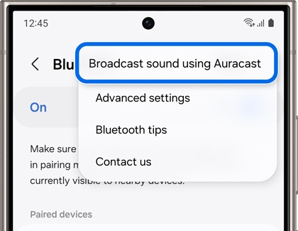 Broadcast sound using Auracast highlighted in Bluetooth settings