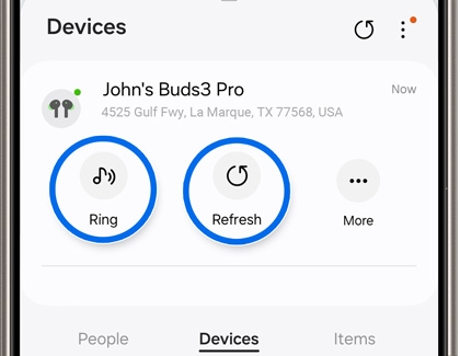 Ring and Refresh icons highlighted in the Samsung Find app