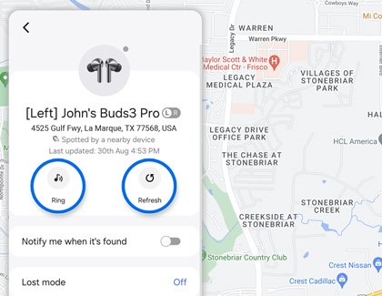 Ring and Refresh icons highlighted for the Galaxy Buds3 Pro on the Samsung Find website