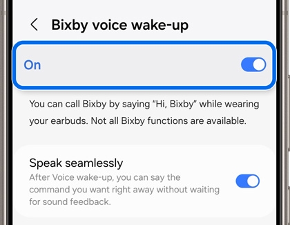 The switch for Bixby voice wake-up highlighted and activated