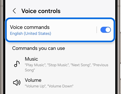 Voice commands switch highlighted and activated in Voice controls settings screen