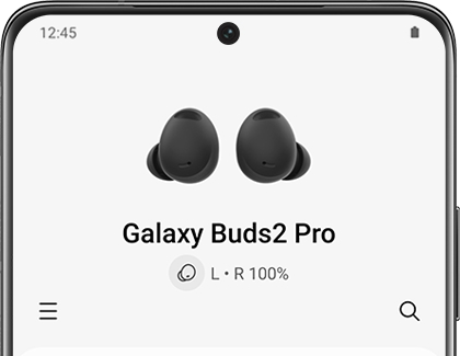 Galaxy Buds2 earbud and case with battery indicators in the Galaxy Wearable app