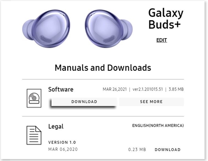DOWNLOAD highlighted on the Galaxy Buds+ Manuals and Downloads