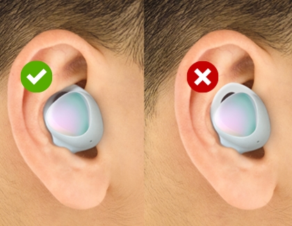 Person wearing the Galaxy Buds Pro correctly with a green check mark and incorrectly with a red X