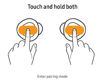 Two hands touching and holding both earbuds