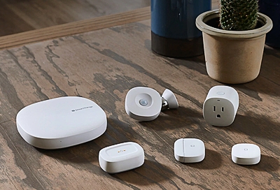 A group of SmartThings devices sitting on a table