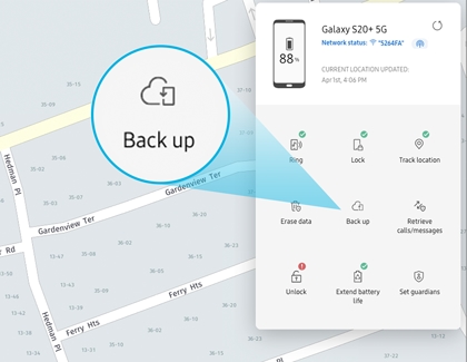 The option for Back up data on the Find My Mobile website