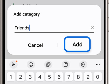 Samsung Messages app showing a prompt to add a category called 'Friends' for organizing group texts, with the 'Add' button highlighted.