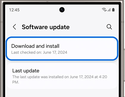 A smartphone screen displaying the 'Software update' menu with options to 'Download and install.'