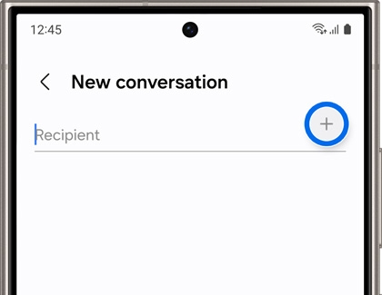 Samsung Messages app displaying a 'New conversation' screen with a plus icon for adding recipients.