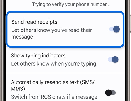 Google Messages app settings showing the option to enable 'Send read receipts' with the toggle button highlighted.