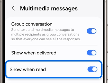 Samsung Messages app settings showing the option 'Show when read' in the multimedia messages section with the toggle button enabled.