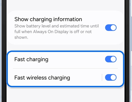 Fast charging settings enabled on a Galaxy smartphone.