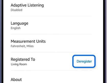 A Galaxy S26 Ultra showing the Alexa app settings with the Deregister button highlighted in blue.