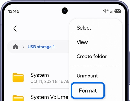 A Galaxy S26 Ultra showing a USB storage menu with the Format option highlighted in a blue box.