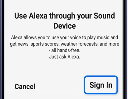 A Galaxy S26 Ultra screen showing the Use Alexa through your Sound Device prompt with Sign In highlighted.
