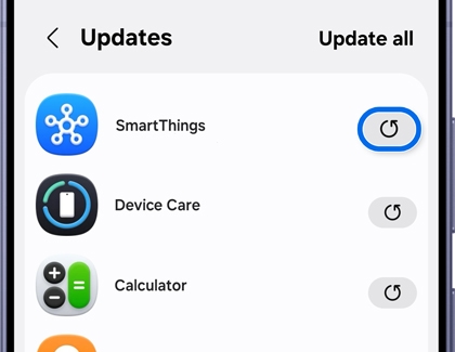 A Galaxy S26 Ultra showing the Updates menu with the update icon for SmartThings highlighted in blue.