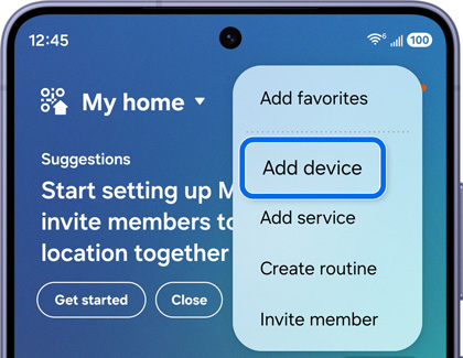 A Galaxy S26 Ultra showing the SmartThings app with the Add device option highlighted in a blue box.