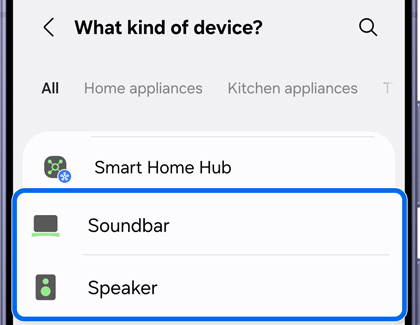 A Galaxy S26 Ultra displaying a list of device types with Soundbar and Speaker options highlighted in a blue box.