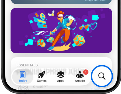 An iPhone displaying the Apple App Store with the search magnifying glass icon highlighted in a blue circle.
