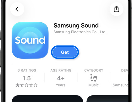 An iPhone showing the Samsung Sound app page with the Get button highlighted in a blue circle.