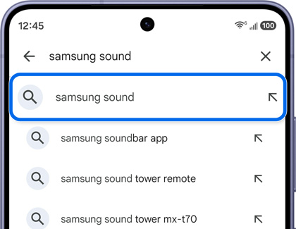 A Galaxy S26 Ultra showing the Google Play Store with a search for samsung sound highlighted in a blue box.