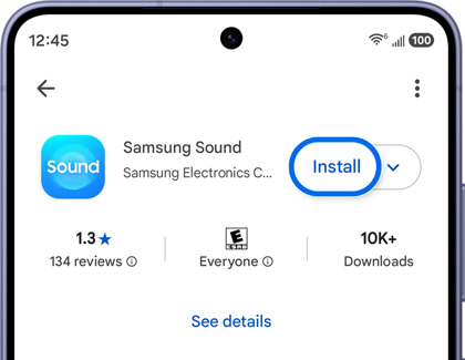 A Galaxy S26 Ultra displaying the Samsung Sound app page with the Install button highlighted in a blue circle.