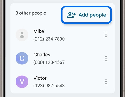 Google Messages app displaying group members in a group text, with 'Add people' highlighted to add more contacts.