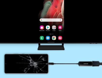 Cracked screen on Galaxy S21 being connected with USB C to HDMI on TV