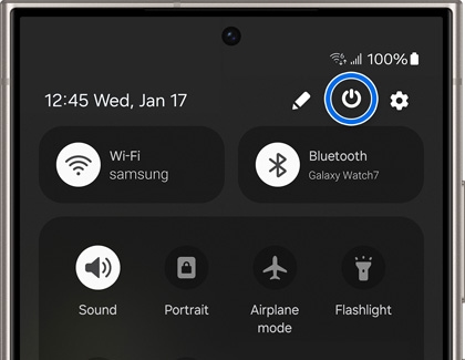 A smartphone screen showing the Quick Settings panel with Wi-Fi, Bluetooth, Sound, Portrait, Airplane mode, and Flashlight options. The power button is highlighted at the top right corner.