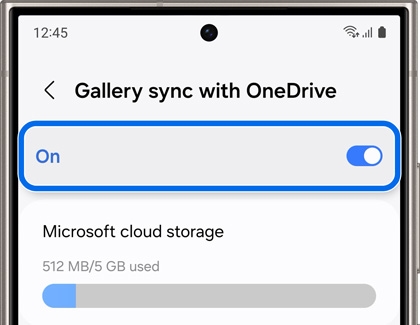 Samsung device settings screen showing 'Gallery sync with OneDrive' enabled with a toggle switch and a display of Microsoft cloud storage usage.