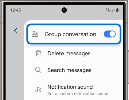 Samsung Messages app showing group conversation options with 'Group conversation' toggle enabled and other settings like 'Delete messages' and 'Notification sound.'