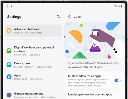 A Samsung Galaxy device displaying the Settings menu with the Labs section open. The Labs section shows experimental features such as 'Multi window for all apps' and 'Landscape view for portrait apps.'