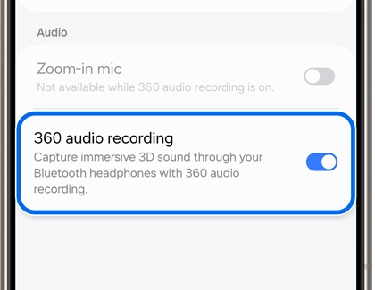 A smartphone screen showing the '360 audio recording' setting toggled on, with the description 'Capture immersive 3D sound through your Bluetooth headphones with 360 audio recording.'