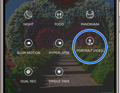 A smartphone screen showing the camera app with various shooting modes, highlighting the 'Portrait Video' mode.