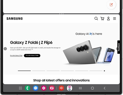 A Samsung Galaxy device showing the Samsung website with the Galaxy Z Fold6 and Z Flip6 models featured, along with the Taskbar at the bottom of the screen.