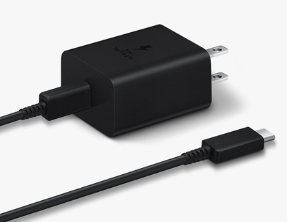 A black Samsung wired charger with a USB-C cable.