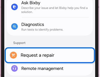 Warranty and care main screen with the Request a repair button highlighted.