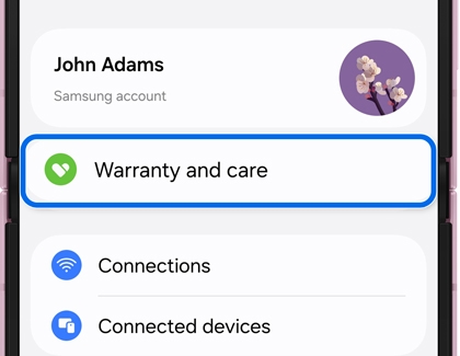 Settings menu with Warranty and care highlighted.