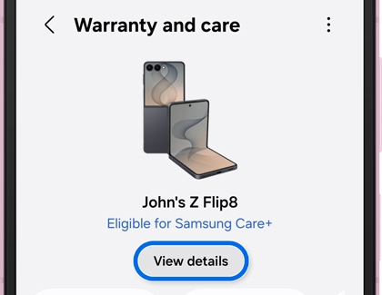 Warranty and care main screen with the View details button highlighted.