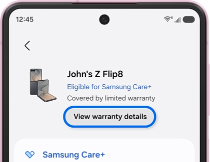View warranty details button highlighted on screen.