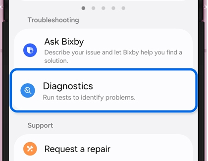 Troubleshooting section with Diagnostics highlighted.