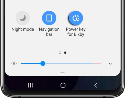 The Quick settings panel with Power key for Bixby highlighted